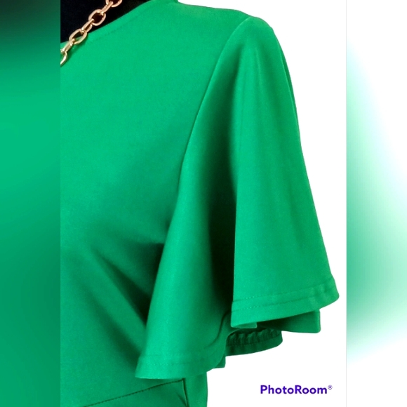 Midi Bodycon Green Metamorphosis Girl Ruffle Sleeve Dress Size LX. - Picture 7 of 10